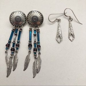 Southwestern Silver Feather and Sterling Silver Diamond Cut Earrings